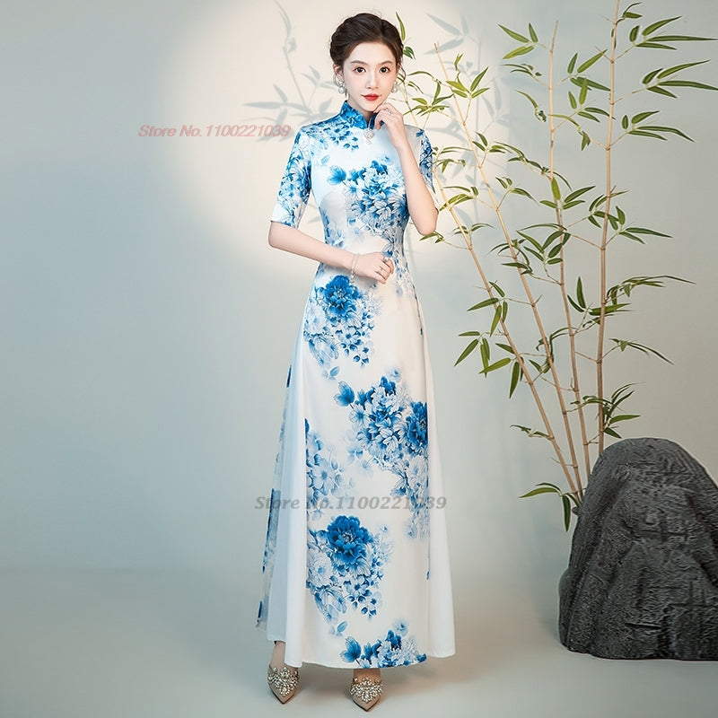 2024 aodai dress vietnam traditional dress improved qipao national flower print image 4