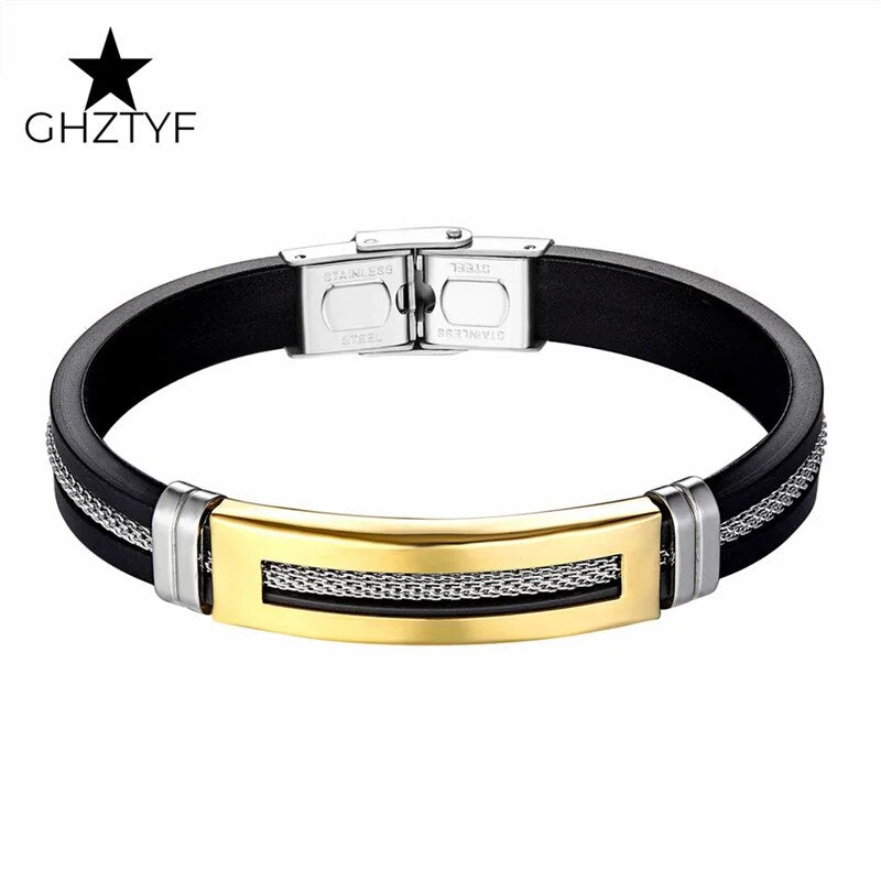 Golden Chain Stainless Steel Bracelets for Men Women Teens Black Rubber Belt Wr image 2
