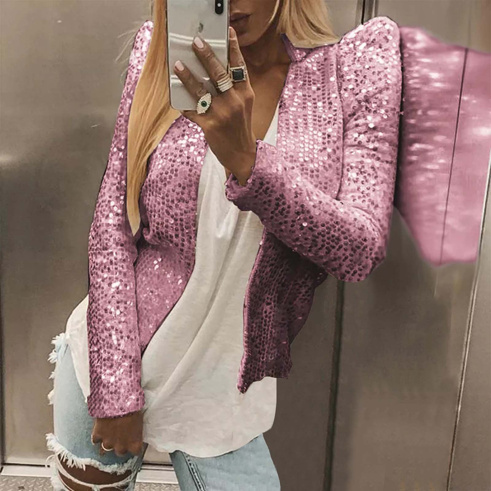 2024 Women's Sequin Casual Cropped Jacket Fashion Long Sleeve Solid Color Blaze image 4