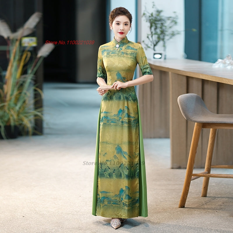 2024 traditional vietnam vintage dress aodai national flower print folk dress c image 3