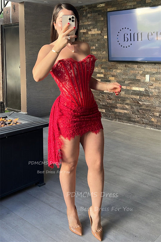 Red Strapless Lace Short Party Dresses Dubai Arabic Woman Cocktail Dress Blackg image 0
