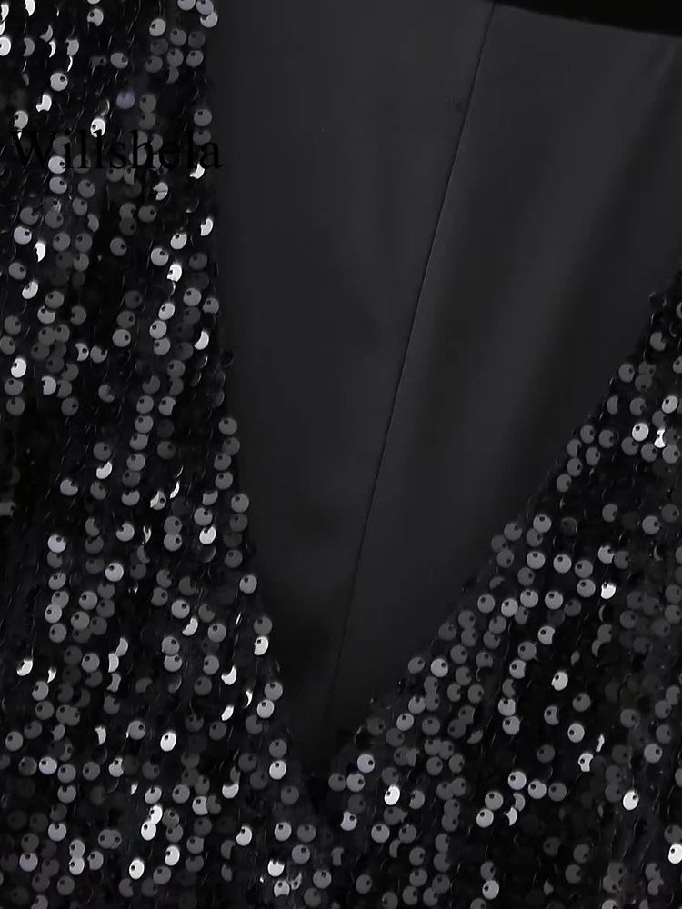 Willshela Women Fashion With Sequined Black Sleeveless Jackets Waist Vintage V- image 4