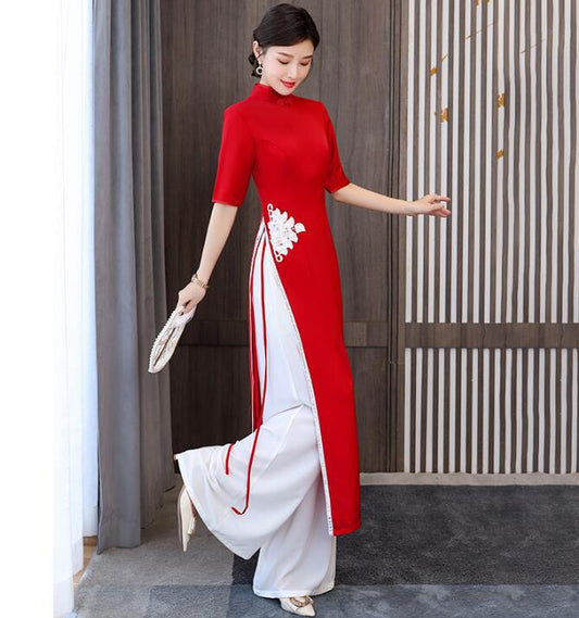 Red Vietnam Ao dai Women Dress Summer Cheongsam Suit Include Pants Vintage Long image 0