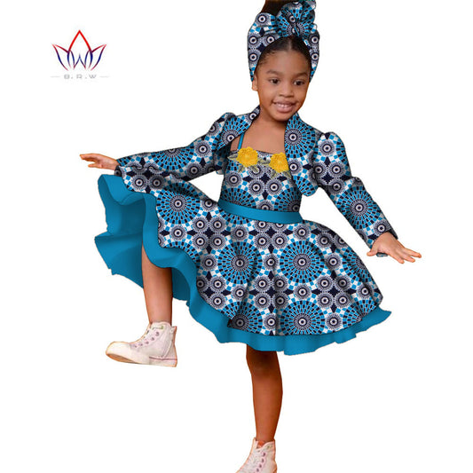 3pcs Set African Kids Gril Dashiki Dress Coat and Headtie Suits Africa Print Pa image 0