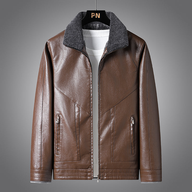 Winter Men's Fur Collar Leather Jacket Fashion Simple Solid Color Windproof Car image 2