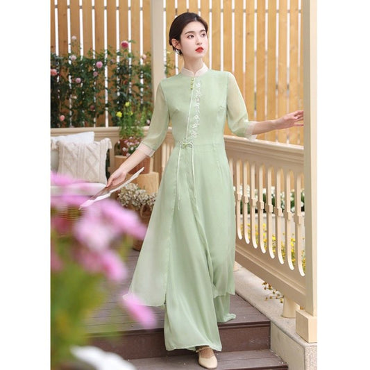 Retro Hanfu Tea Art Party Dress Traditional Vietnam Ao Dai  Women Elegant Daily image 0