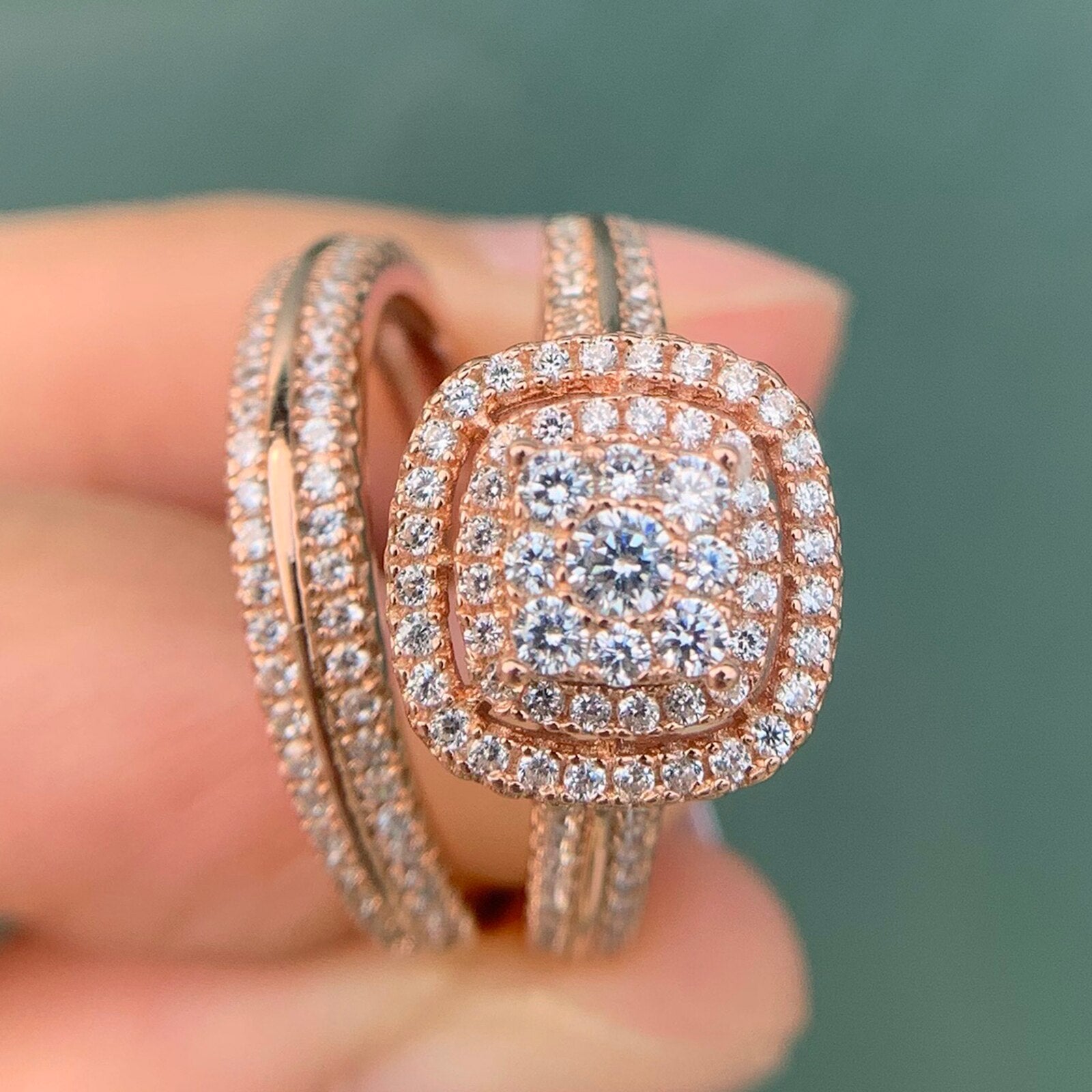 Newshe Double Halo Rose Gold 925 Silver Engagement Ring Bridal Set for image 4