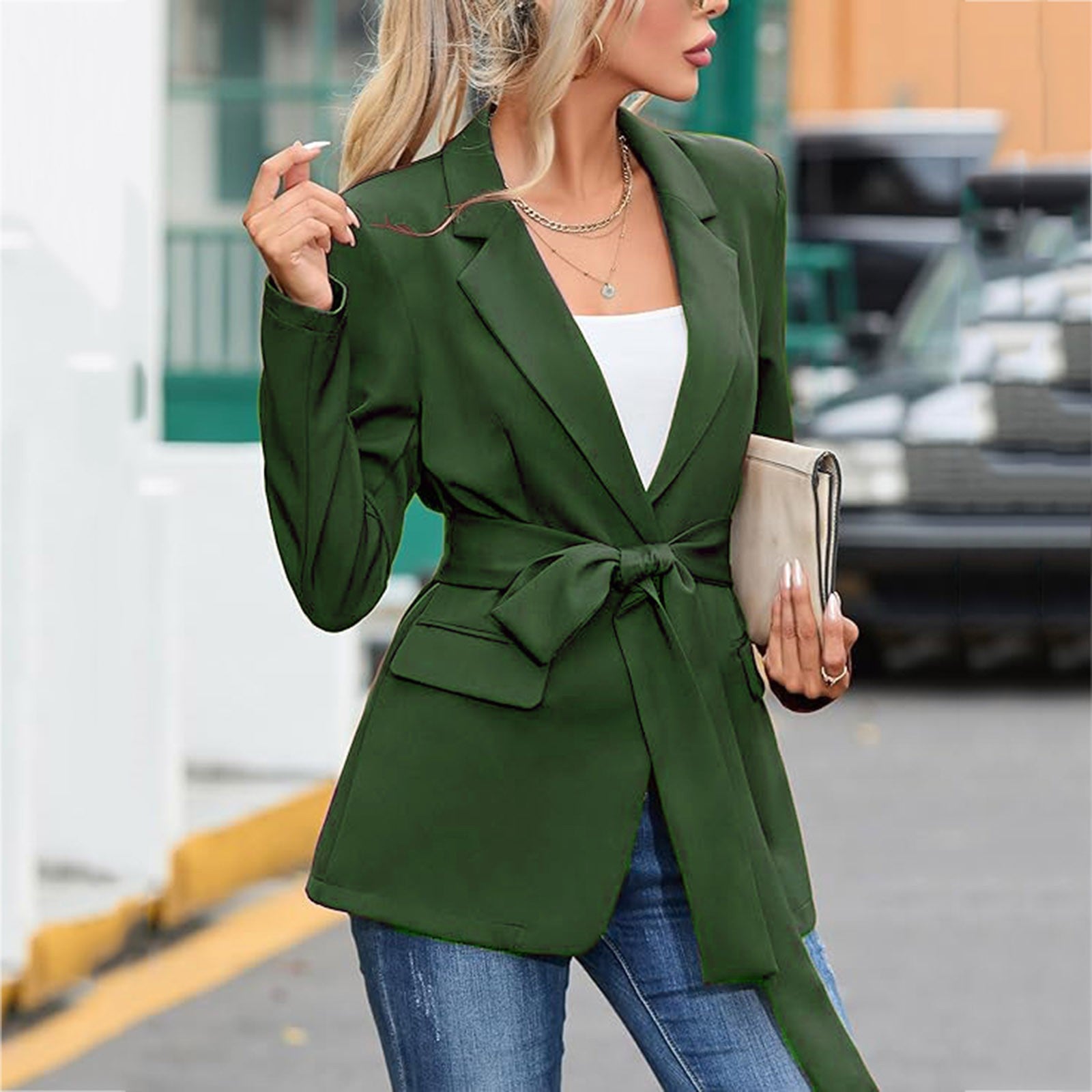 Elegant Lady Profession Blazers Coat With Belt Fashion Solid Color Slim Office  image 4