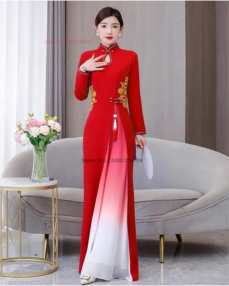 2024 vietnam traditional dress aodai chinese improved qipao national flower emb image 8