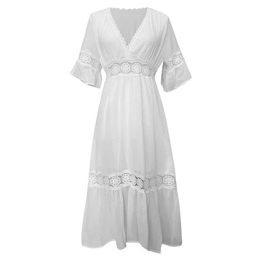 Sexy Deep V Lace White Dress Women Fashion Wedding Party Elegant Dress Summer B image 5