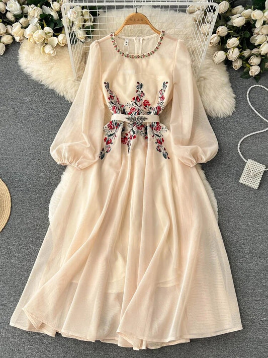 Autumn White/Beige Beading Embroidered Long Dress For Women Elegant O-Neck Puff image 0