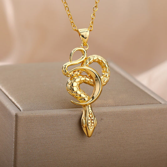 Vintage Punk Snake Pendant Necklace For Women Men Stainless Steel Gold image 0