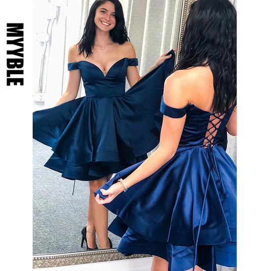 MYYBLE Lovely Off the Shoulder V Neck Navy Blue Satin Short Homecoming Dresses  image 0