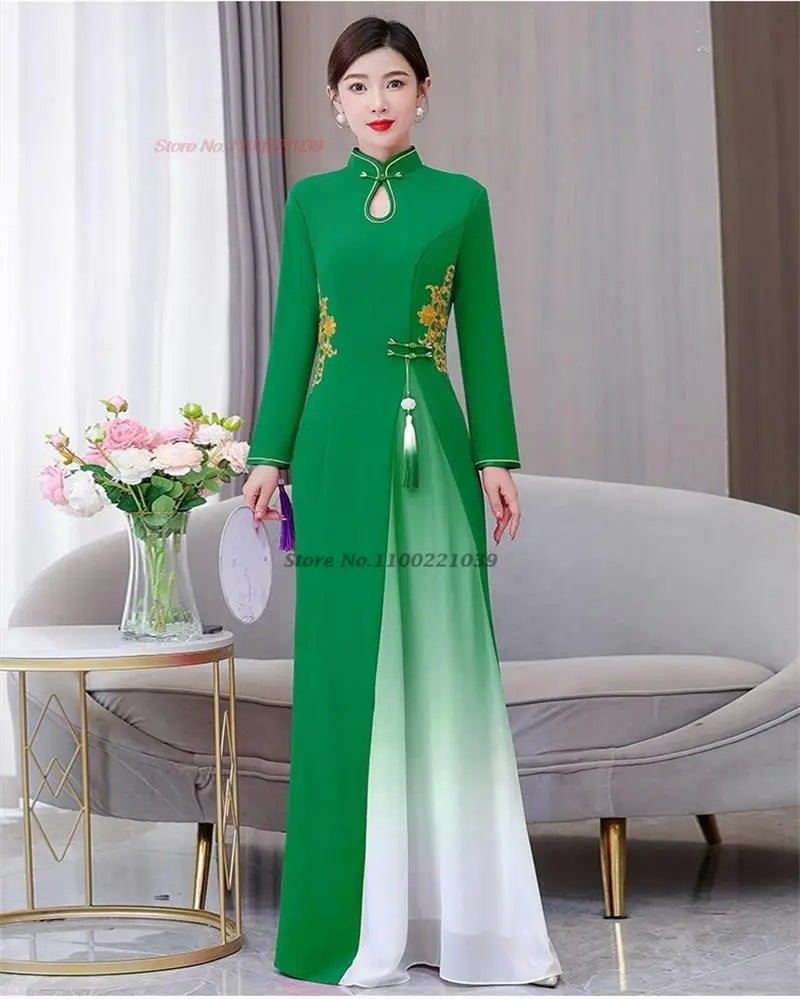 2024 vietnam traditional dress aodai chinese improved qipao national flower emb image 9