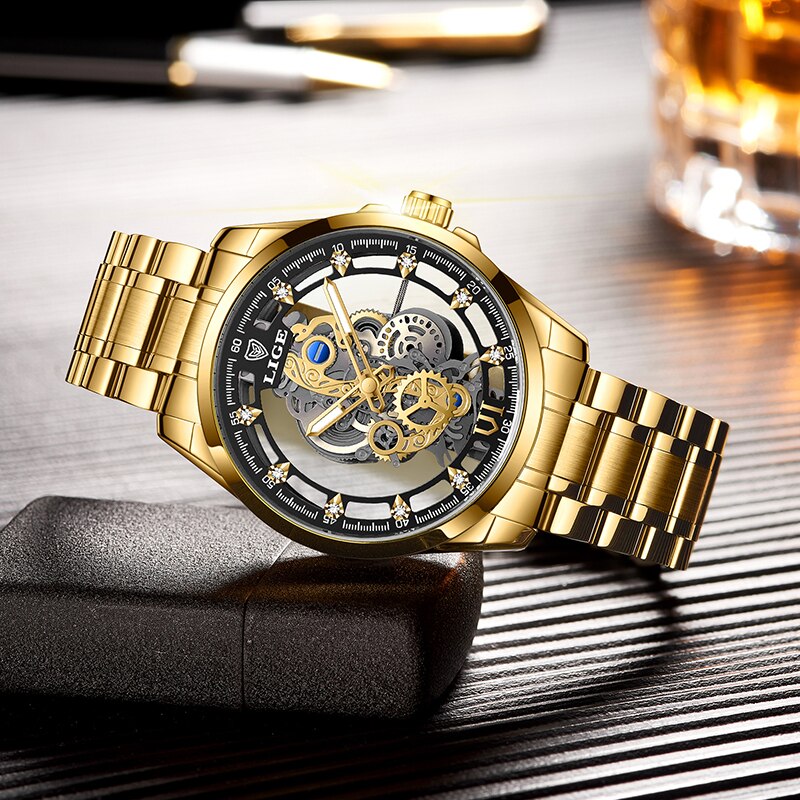 New Men Watch Skeleton Quartz Wristwatch Gold Skeleton Retro Man Watch Top Bran image 6
