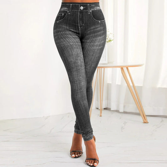 Women's Faux Denim Jeans High Waist Pants Ladies Casual Stretchy Skinny Trouser image 0