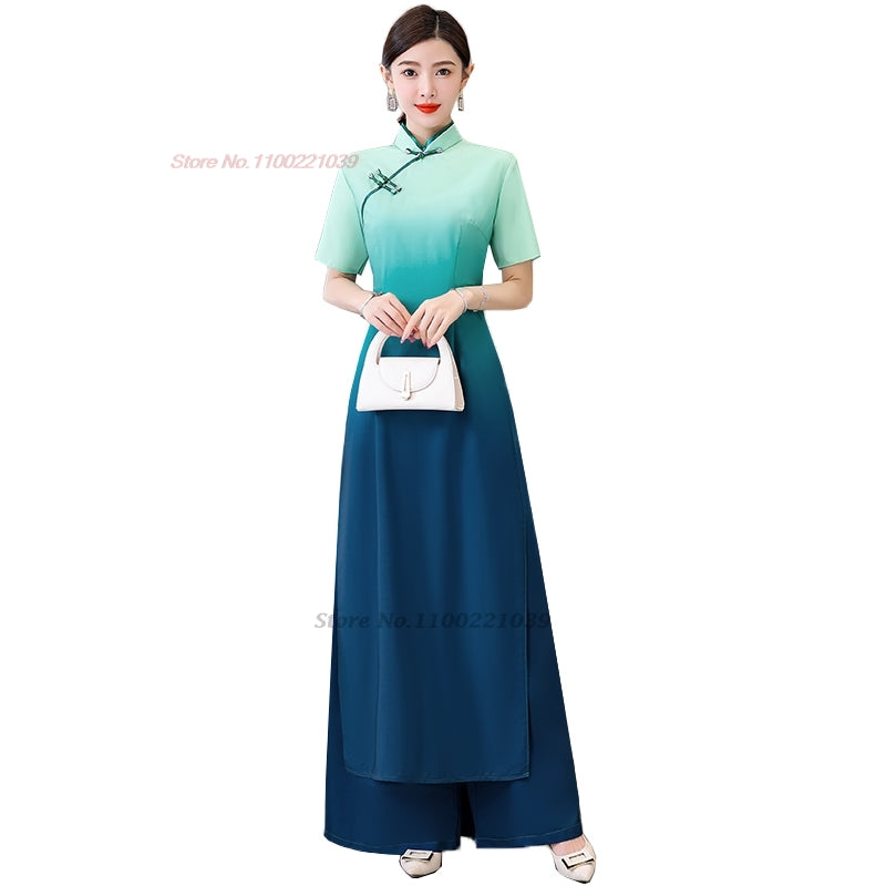 2024 vietnam aodai dress cheongsam national gradient color dress+pants set impr image 4