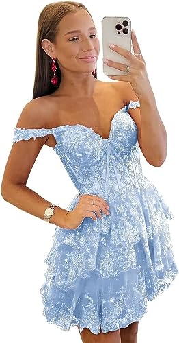 Off-the-Shoulder Sweetheart Tulle Homecoming Dresses Lace Tiered Sleeveless Spa image 6