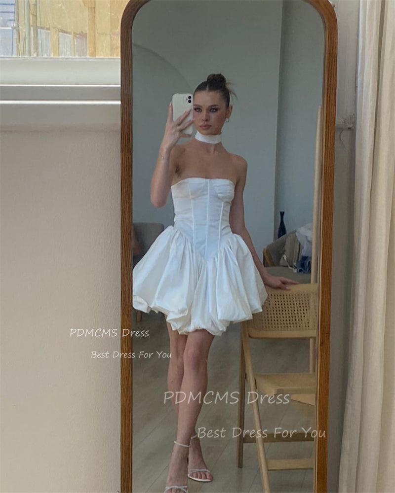 Sexy Ivory A Line Short Wedding Party Dresses Draped Satin Strapless Bridal Gow image 2