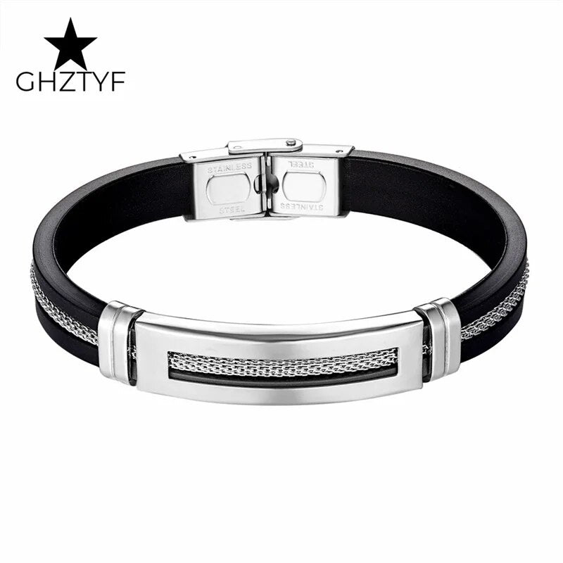 Golden Chain Stainless Steel Bracelets for Men Women Teens Black Rubber Belt Wr image 3