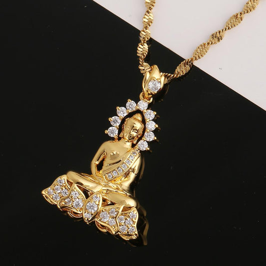 Gold Color Vintage Tibetan Amitabha Buddha Buddhist Pendant Necklace Chain image 0