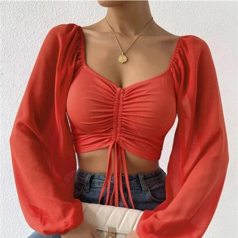 ALLUKASA Sexy Mesh Lantern Sleeves Drawstring Wrap Chest Bare Midriff T Shirt W image 6