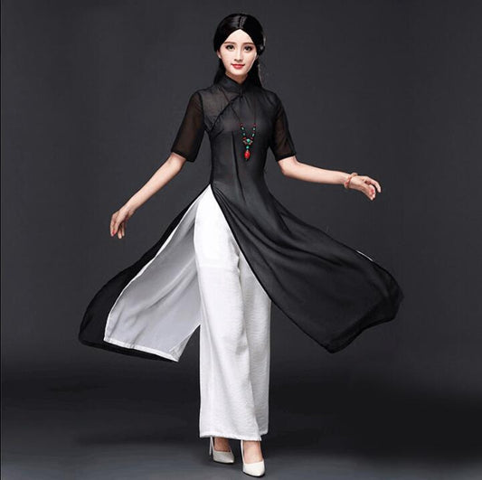 Traditional Vietnam Ao dai Women Cheongsam Summer Oriental Dress Include Pants  image 0