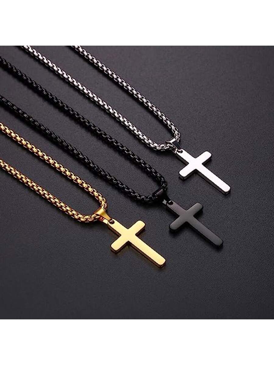 1pc Ursteel Men's Cross Necklace, Stainless Steel Silver/black/gold Layered Rop image 3