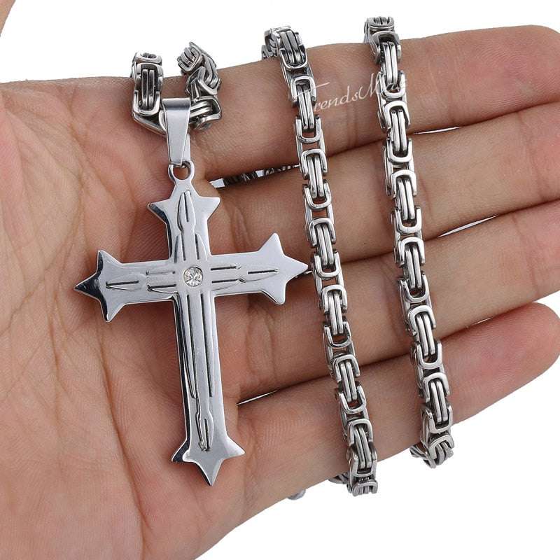 Men's Cross Necklace Gold Color Black Cross Pendant Stainless Steel Byzantine C image 5