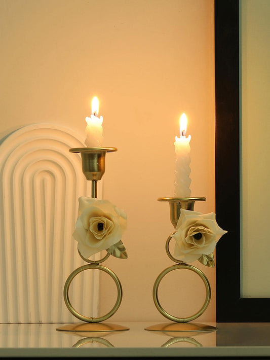 2pcs Flower Decor Candle Holder, Gold Iron Vintage Candle Stand For Home Decor image 0