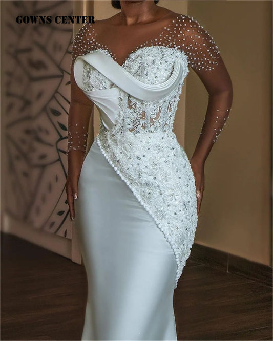 White Pearls Beaded Luxury Mermaid African Wedding Dress Mesh Long Sleeves Aso  image 0