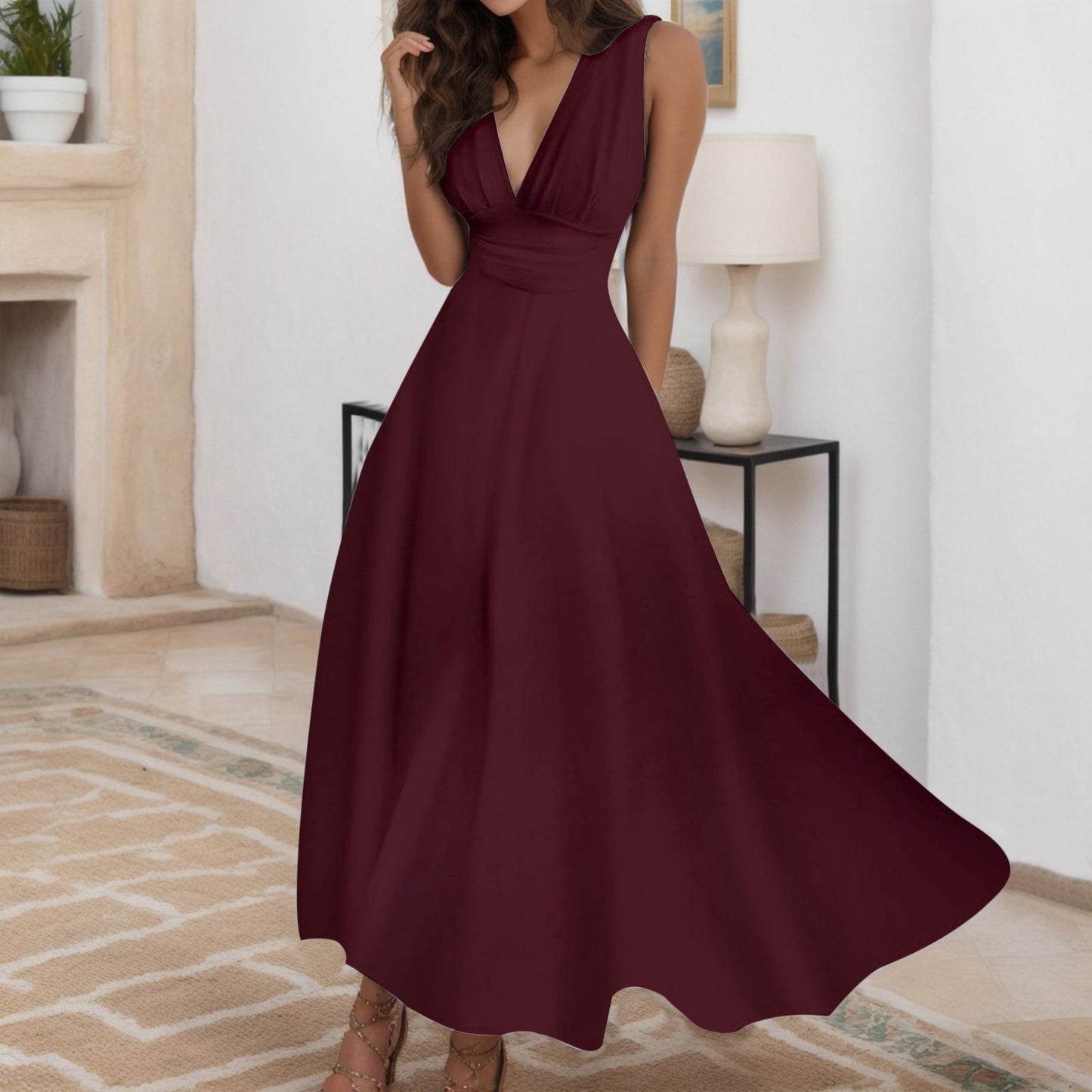 Women Elegant A Line Sleeveless White Midi Dress Casual Female Sping Summer V-n image 4
