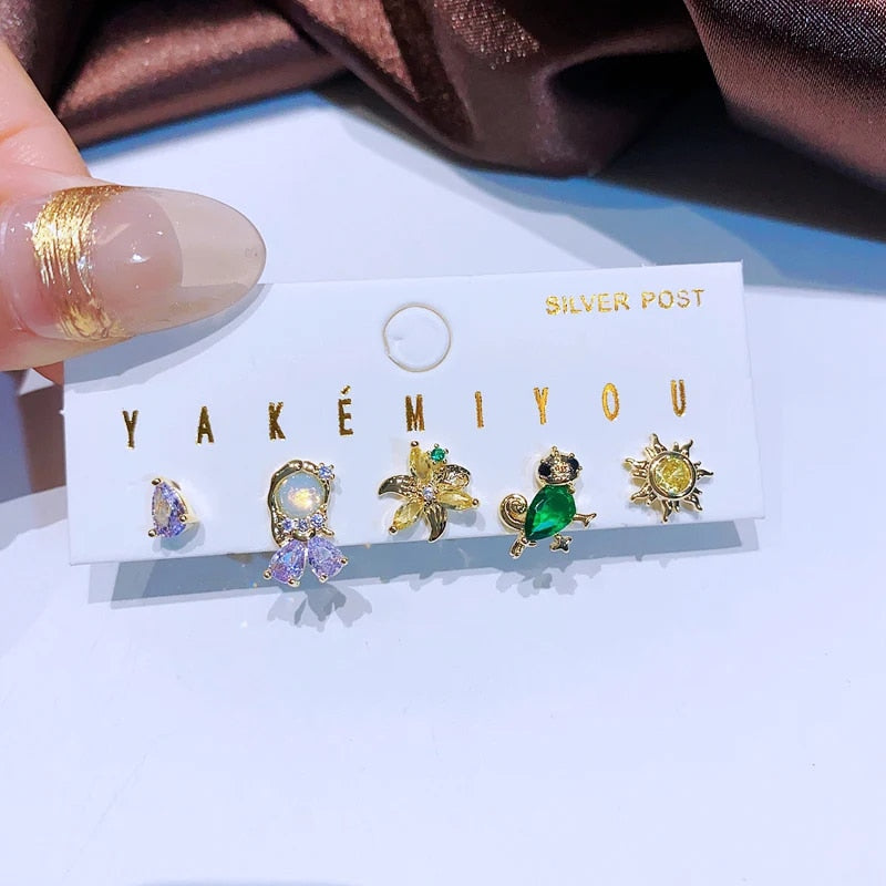 MIGGA 5pcs Fairy Cute Small Princess Stud Earrings Set for Women Girls Gold Col image 2
