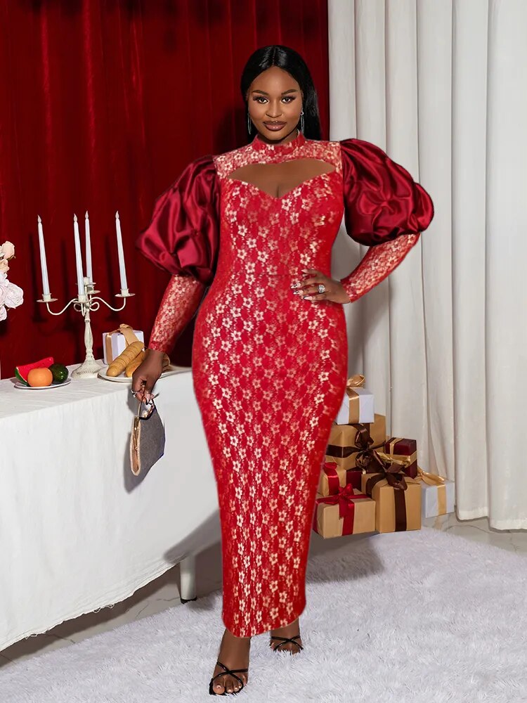 Plus Size Long Sleeves Dresses Women Bodycon Party Gold Lace Robes Patchwork El image 1