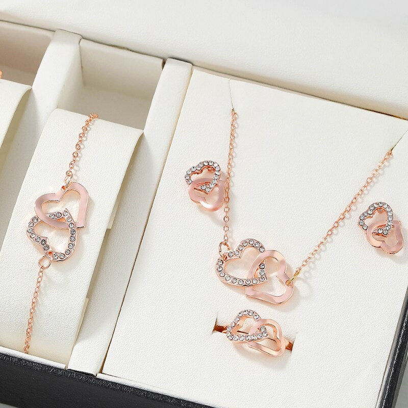 5PCS Set Gold-Color Heart Shaped Jewelry Sets Of Ring Earrings Necklace For Wom image 6