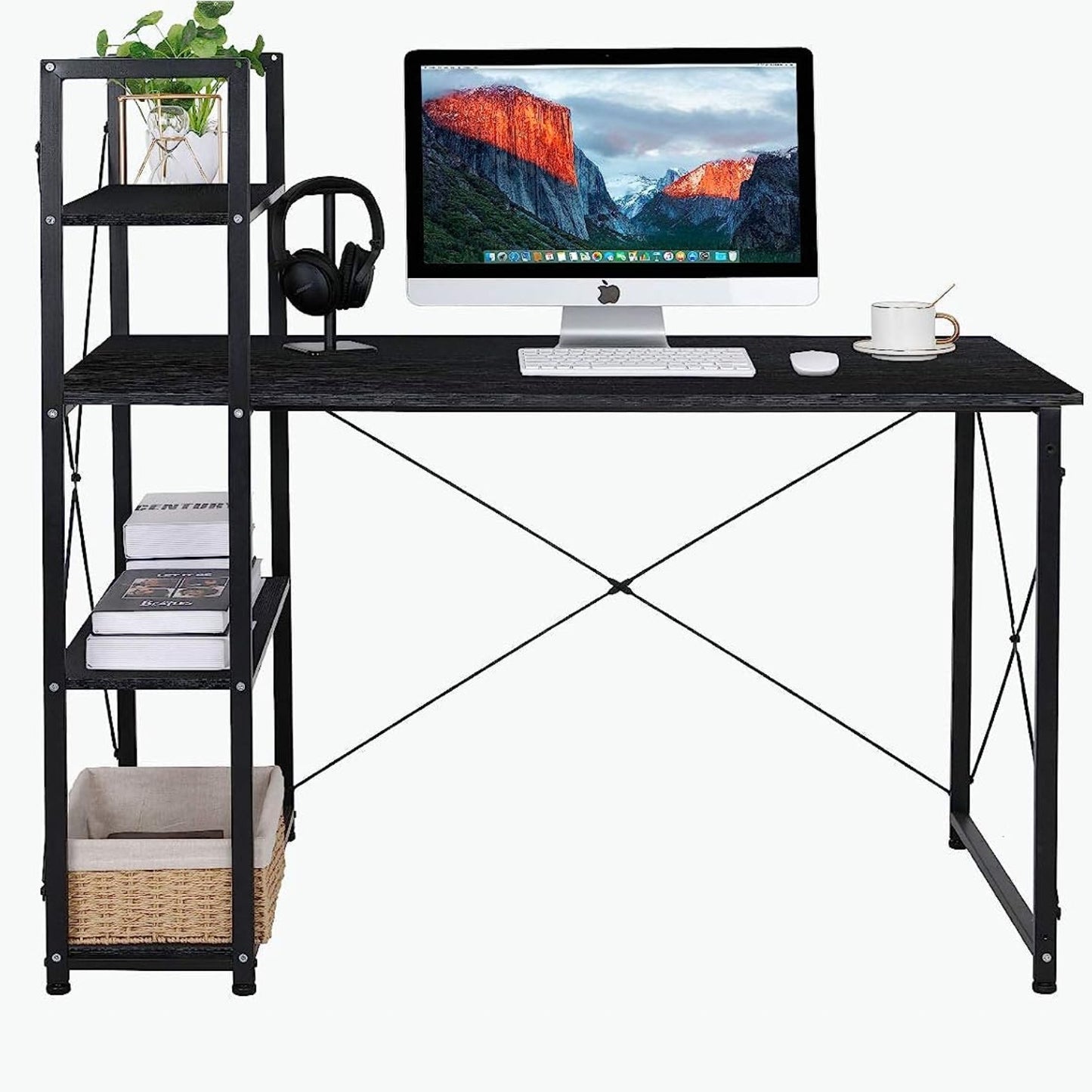 AOOU Computer Desk with 4 Tier Shelves, 47'' Study Writing Table for Home Offic image 1