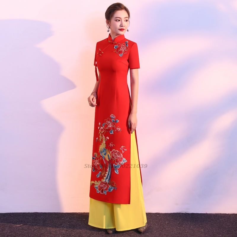 2024 woman vintage aodai vietnam traditional flower embroidery vietnam robes an image 5
