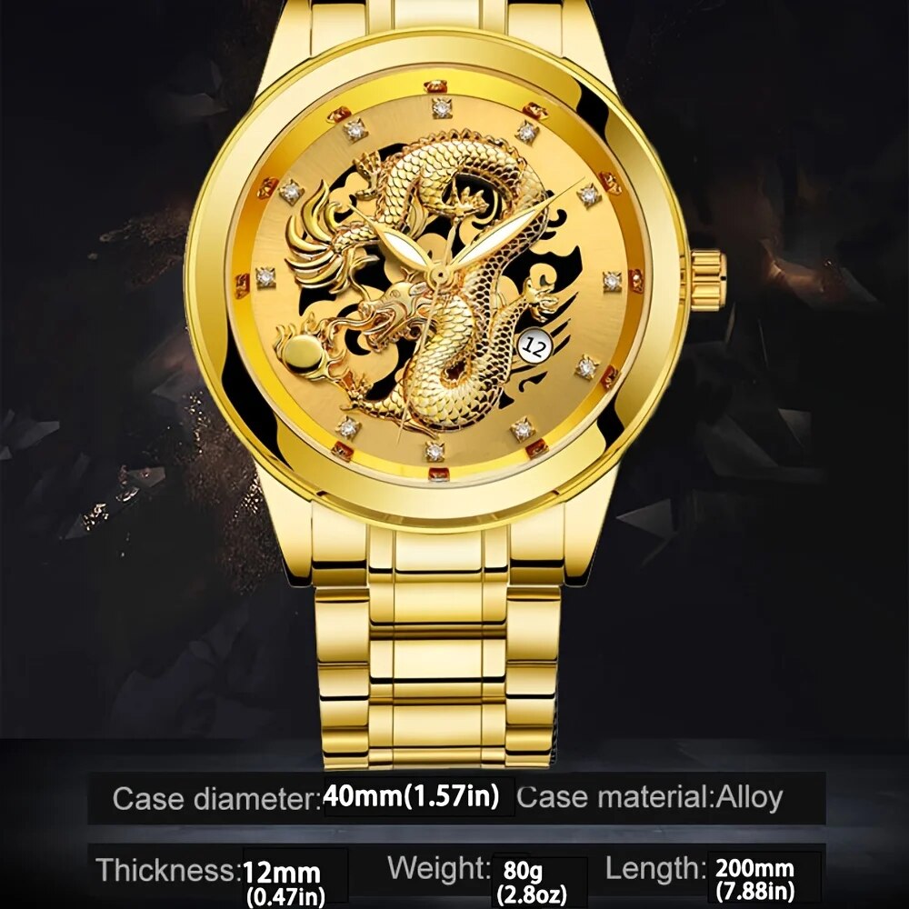 Fashion Men's Watch Chinese Dragon Golden Watch Stainless Steel Calendar Quartz image 2