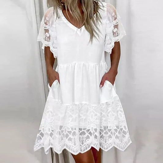 Women V-Neck Short Sleeve Ruffles Mini Dresses Elegant White Color Embroidery L image 0