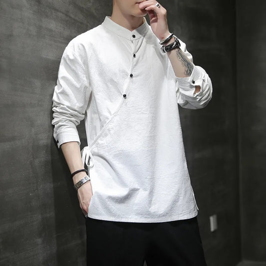 Mens Chinese Style Hemp Shirt Cotton Linen Tang Suit Hanfu Retro Stand-Up Colla image 0