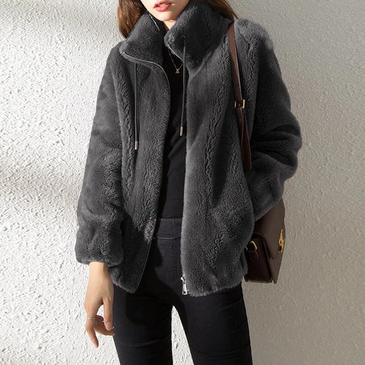 Female Winter Jacket Thickened Double-sided Velvet Stand-up Collar Warm Retro S image 0