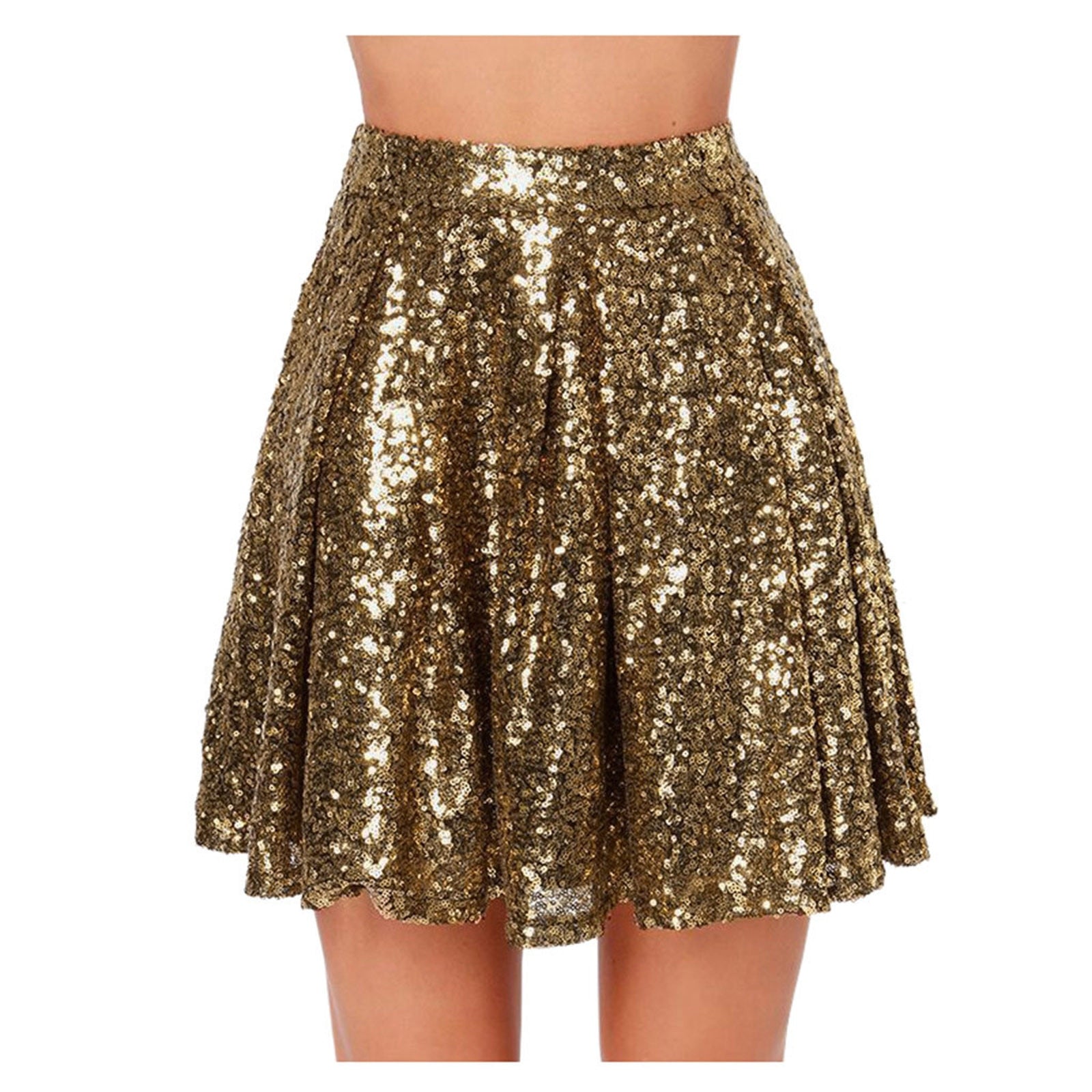 Women's Fashion High Waist Pleated Gold A-Line Short Skirt Loose Sequin Skirt P image 3