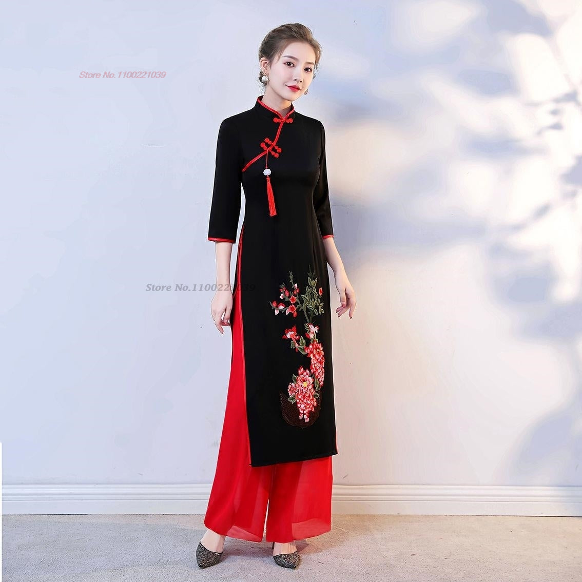 2024 ao dai cheongsam dress oriental qipao dress+pants set vietnam vintage flow image 3