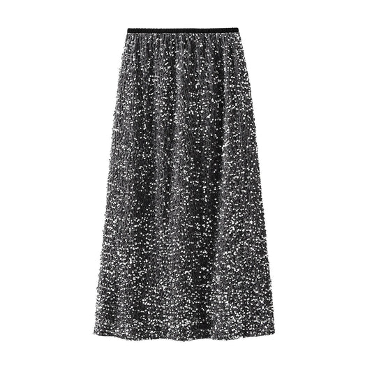 Women Elegant Shiny Sequined Long Skirt Summer Fall Elastic Waist Casual Skirts image 0