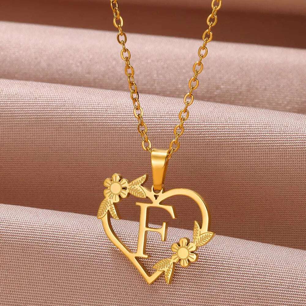 Gold Color Dainty Flower Initials Necklace Women Girl Stainless Steel Heart Let image 5