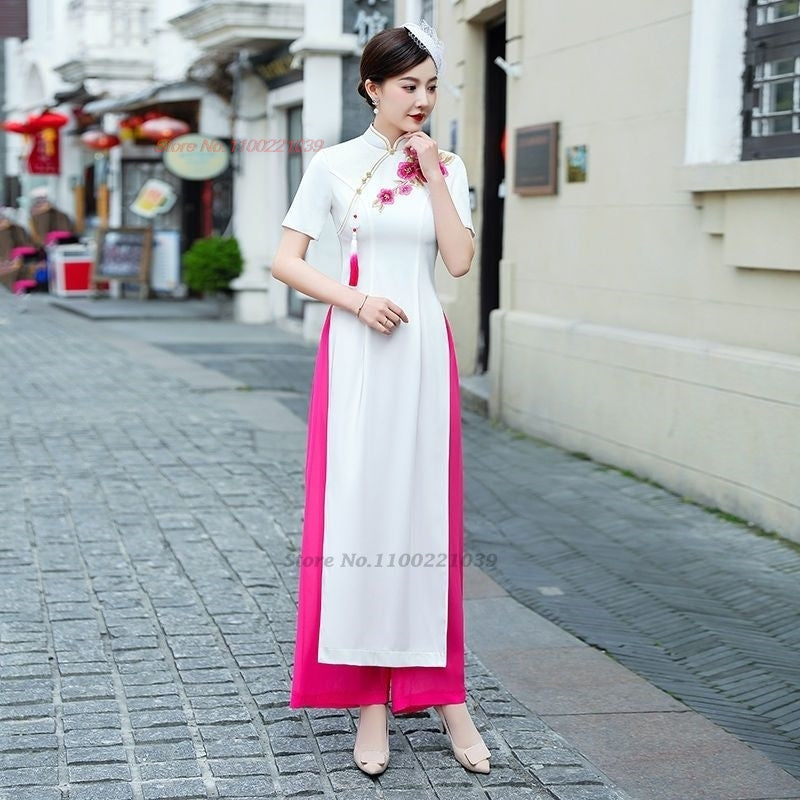 2024 vietnam woman ao dai dress chinese elegant cheongsam dress+pants set vinta image 2