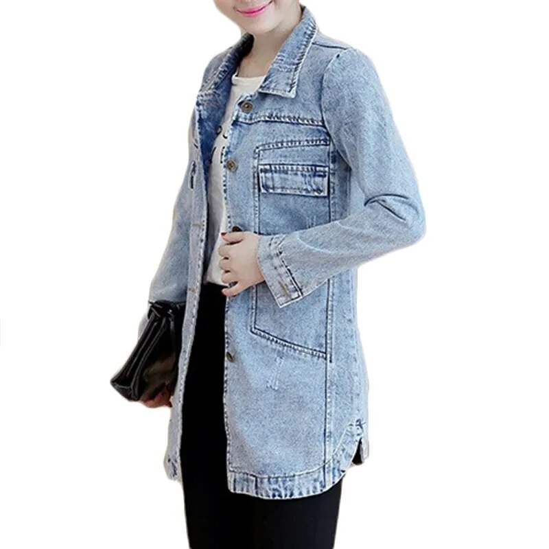 New Autumn Winter Korean Denim Jacket 5XL Women Slim Long Base Coat Women's Fra image 2