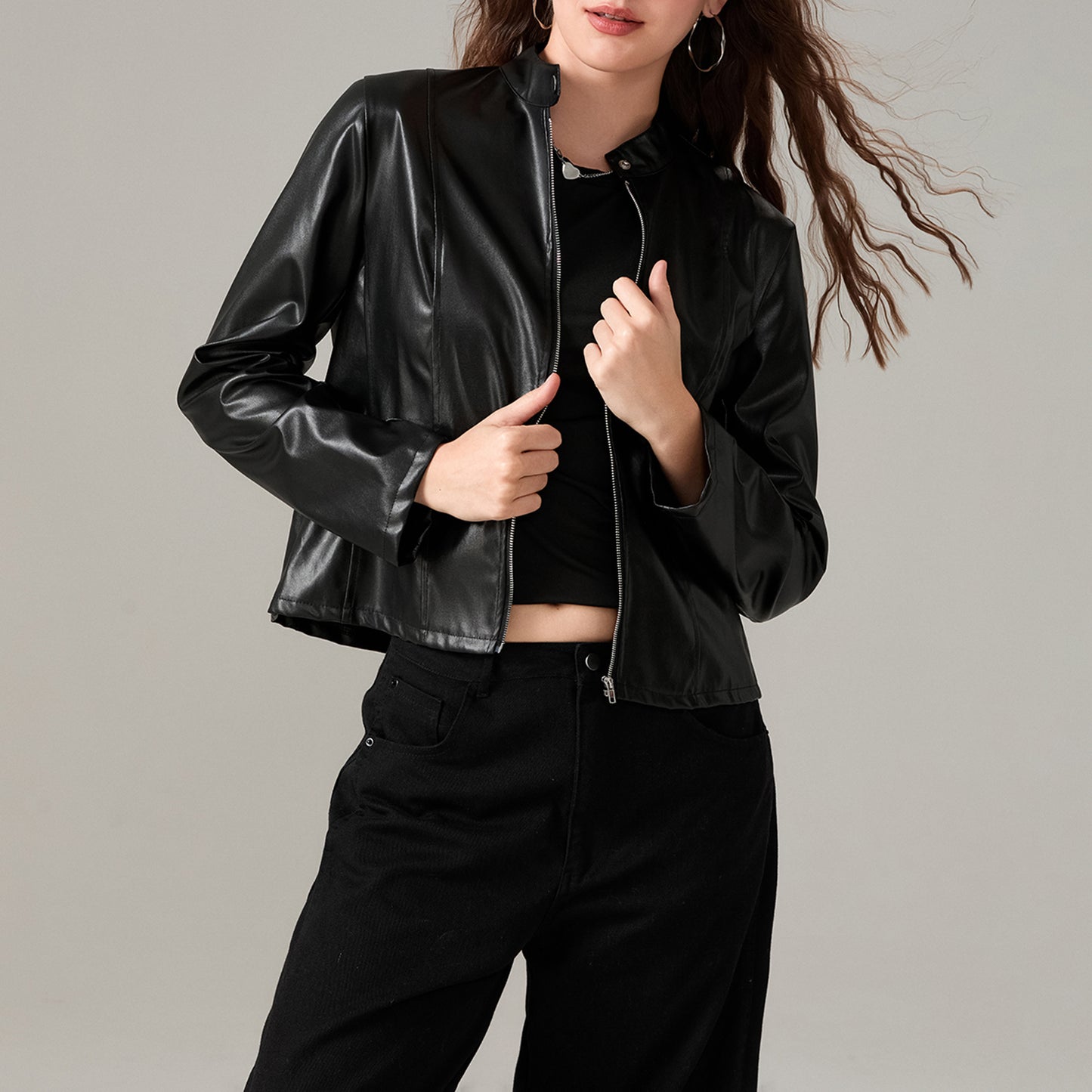 Women's Faux Leather Jacket Slim Moto Biker Jacket Outerwear Long Sleeve Zipper image 0