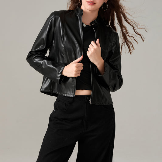 Women's Faux Leather Jacket Slim Moto Biker Jacket Outerwear Long Sleeve Zipper image 0