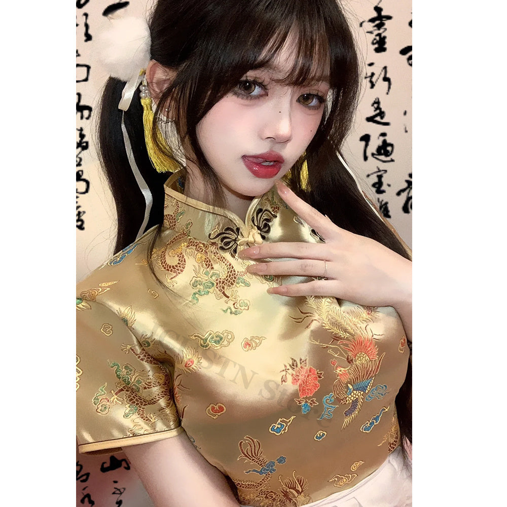 Short Cheongsams Sexy Girl Qiapo Improved Chinese Style Dress Gold Dragon Phoen image 2